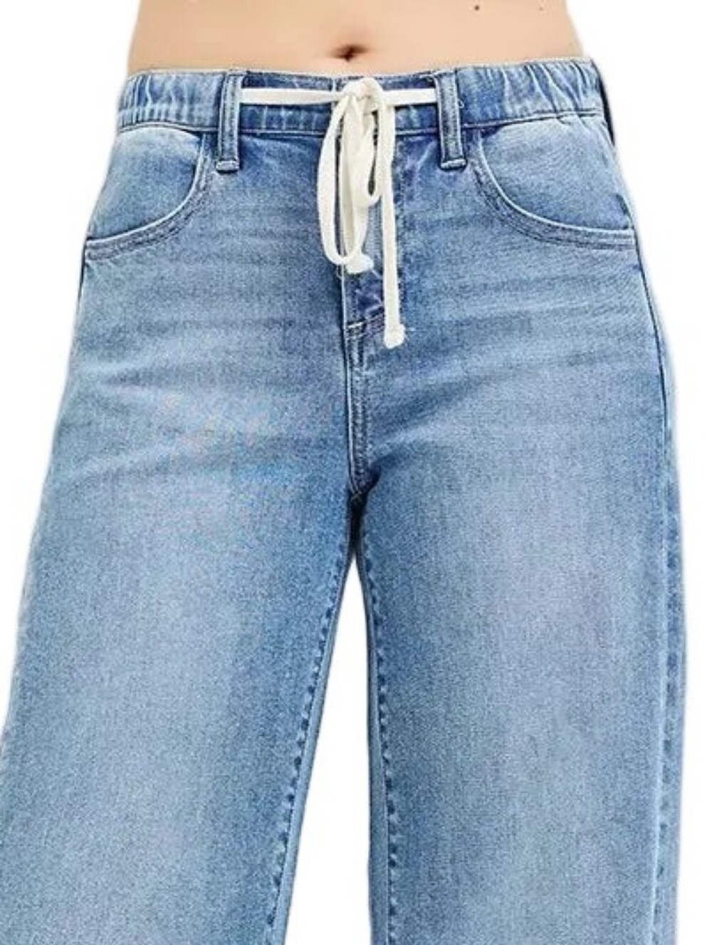 Risen High-Waist Drawstring Elastic Waist Relaxed Fit Panel Wide-Leg Denim Jeans - Picture 7 of 15